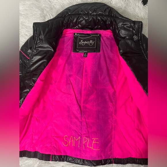 SUGARFLY Quilted Puffer Moto Jacket Coat Zip Up Pockets Black Neon Pink Medium - Picture 9 of 13